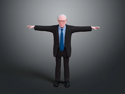Elderly Man Character as Living Being in Suit With Glasses Arms Outstretched Against Gray Background 3d model