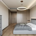 Modern Bedroom Interior With Gray Bed Nightstands Wooden Floor And Round Pendant Light