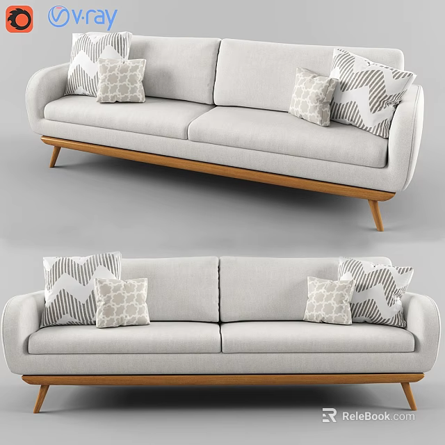 Light Gray Two Seater Sofa With Geometric Pattern Pillows And Wooden Legs 3d model