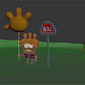 Green Cartoon Character Wearing Yellow Sun Hat Near BUZ Sign Palm Balloon And Green Spiral