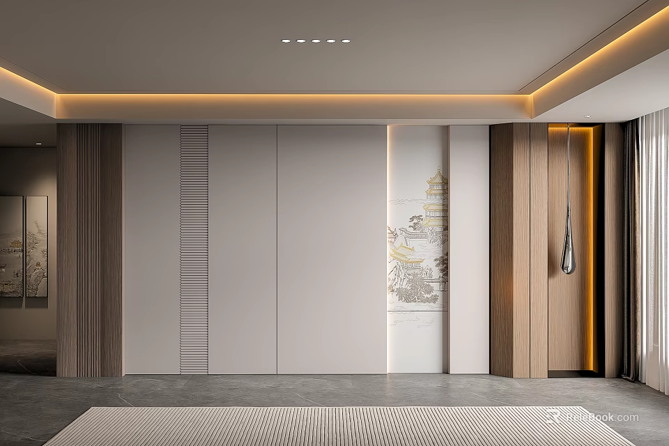 Modern Sofa Backdrop Wall Design With Wooden Panels Decorative Painting And Recessed Lighting 3d model 