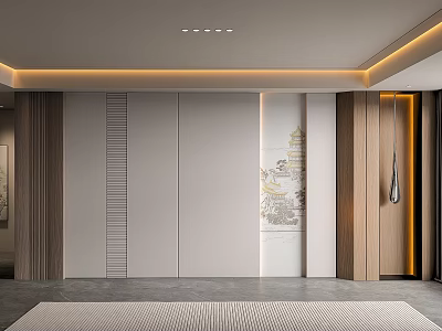 Modern Sofa Backdrop Wall Design With Wooden Panels Decorative Painting And Recessed Lighting 3d model