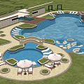 Luxury Outdoor Pool Area With Gazebo Loungers Umbrellas Steps And Green Lawn