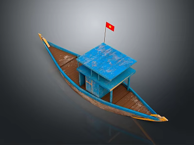 Traditional Wooden Boat With Blue Roof Small Cabin Red Flag And Yellow Trim 3d model