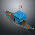 Traditional Wooden Boat With Blue Roof Small Cabin Red Flag And Yellow Trim