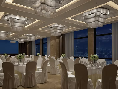 Elegant Banquet Hall Interior With White Chairs Tables Chandeliers Flower Centerpieces And Large Windows 3d model