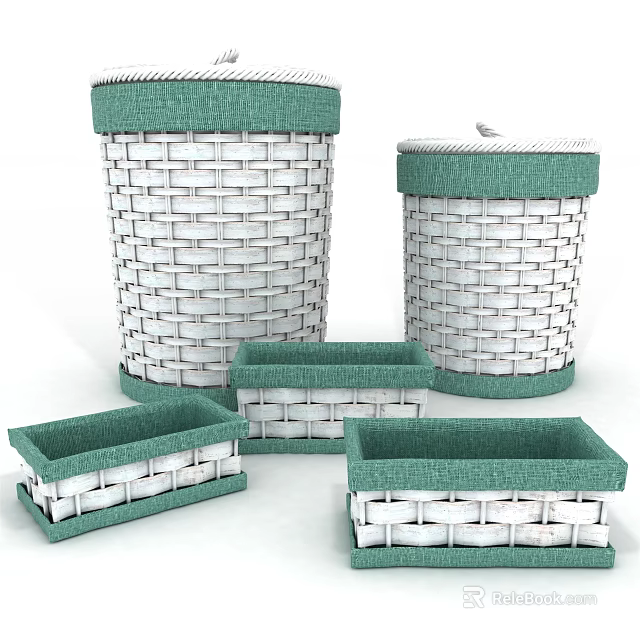 Woven Storage Baskets in White and Green with Various Shapes for Home Organizing 3d model 