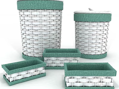 Woven Storage Baskets in White and Green with Various Shapes for Home Organizing 3d model
