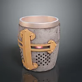Artistic Sculpted Container Featuring Grey Stone Body Gold Metal Clasps Perforated Design And Red Light