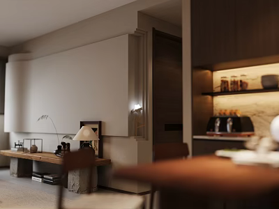 Modern Living And Dining Room Interior With Wooden Furniture Simple Decor And Lighting Elements 3d model