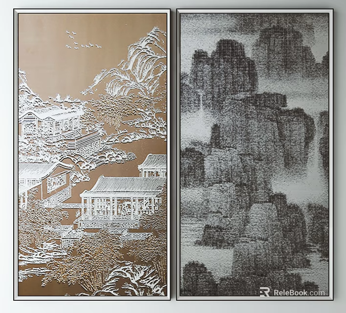 Chinese Traditional Screen With Gold Black Background Landscape Pagoda Mountain Patterns 3d model 