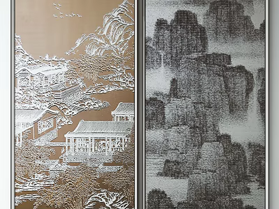 Chinese Traditional Screen With Gold Black Background Landscape Pagoda Mountain Patterns 3d model