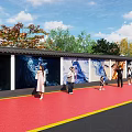 Outdoor Scenic Wall Featuring Colorful Murals Visitors Walking and Green Trees Under Blue Sky