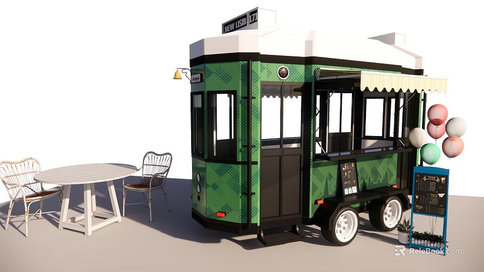 Green Food Cart With Diamond Pattern White Awning Windows And Outdoor Table Chairs Setup 3d model 