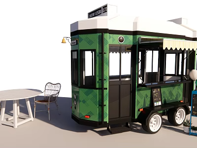 Green Food Cart With Diamond Pattern White Awning Windows And Outdoor Table Chairs Setup 3d model