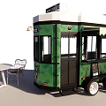 Green Food Cart With Diamond Pattern White Awning Windows And Outdoor Table Chairs Setup