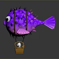Purple Pufferfish Hot Air Balloon Carrying White Rabbit In Basket