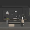 Modern Minimalist Tea Room Interior With Wooden Table Bench Shelves And Hanging Lamp