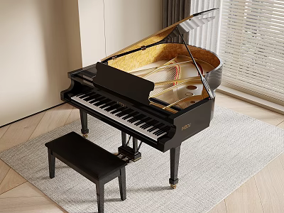 Black Grand Piano With Matching Bench On Soft Rug In Bright Room 3d model
