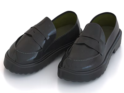 Black Patent Leather Loafers Shoes With Thick Sole Round Toe And Slip On Design 3d model