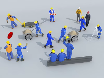Construction Workers Working Together Pushing Wheelbarrows Talking Using Tools And Resting With Steel Bars 3d model