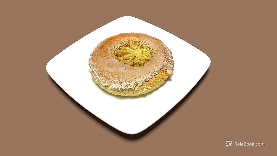 Golden Crusted Bagel With Sesame Seeds On White Square Plate Against Brown Background 3d model 