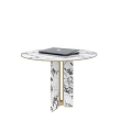 Elegant Modern Round Table With Marble Top Metal Base And Laptop