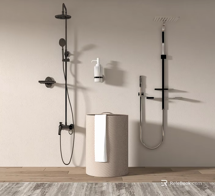 Modern Bathroom Shower System With Rainfall Top Head Handheld Sprayer And Towel Basket 3d model 