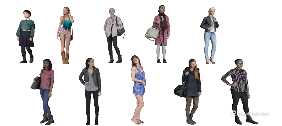 Group of People in Various Fashionable Outfits and Casual Wear Styles 3d model 