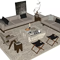 Elegant Beige Sofa Coffee Table Set With Wooden Top Area Rug And Decorative Plants