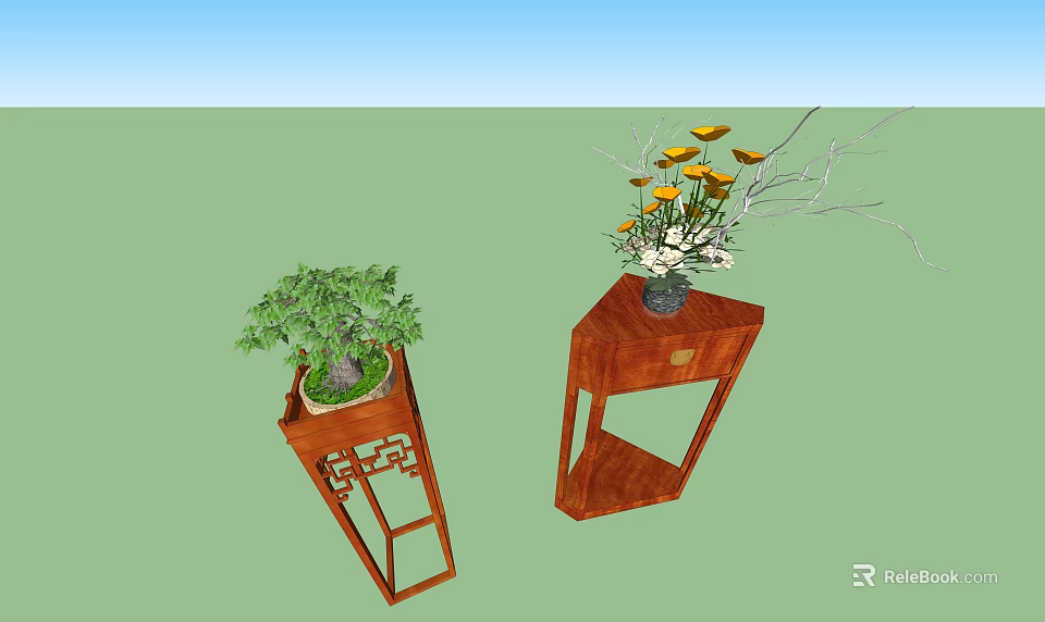 Chinese Style Wooden Plant Stands With Carved Design And Potted Green Plants And Yellow Flowers 3d model 
