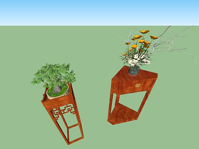 Chinese Style Wooden Plant Stands With Carved Design And Potted Green Plants And Yellow Flowers 3d model