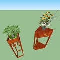 Chinese Style Wooden Plant Stands With Carved Design And Potted Green Plants And Yellow Flowers