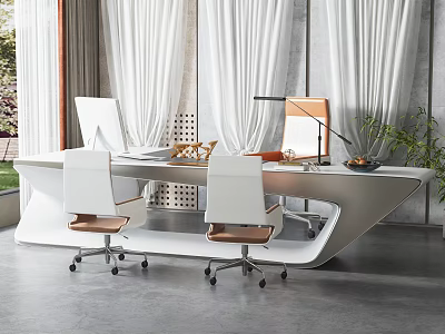 Modern Office Desk Setup With Two White Chairs Desk Lamp And Computer Monitor 3d model