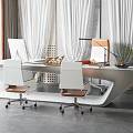 Modern Office Desk Setup With Two White Chairs Desk Lamp And Computer Monitor
