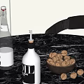 Decorative Ornament Combination with Clear Glass Bottle White Container Walnuts in Wooden Bowl