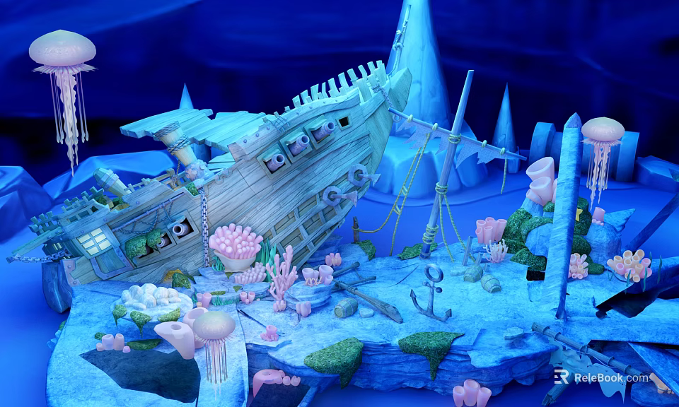 Cartoon Underwater Scene With Wooden Shipwreck Colorful Corals And Floating Jellyfish 3d model 