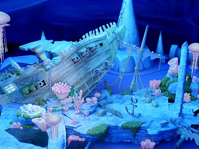 Cartoon Underwater Scene With Wooden Shipwreck Colorful Corals And Floating Jellyfish 3d model