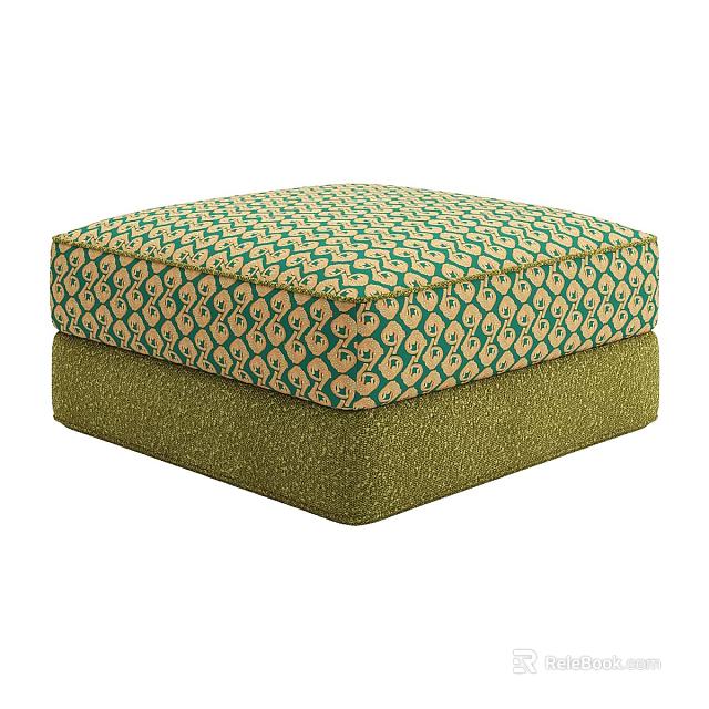 Comfortable Square Upholstered Ottoman With Green Beige Geometric Pattern And Solid Green Base 3d model 