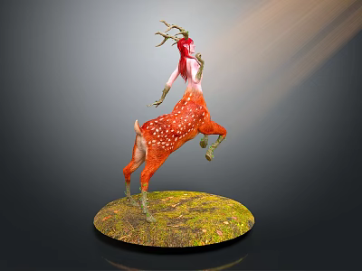 Anthropomorphic Deer Character With Red Spotted Body And Ornate Antlers On Grass Covered Base 3d model