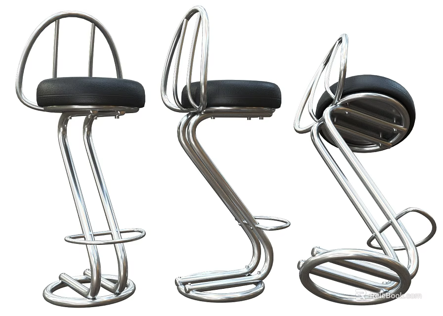 Modern Swivel Bar Stool With Silver Metal Frame Black Seat And Footrest Design 3d model 