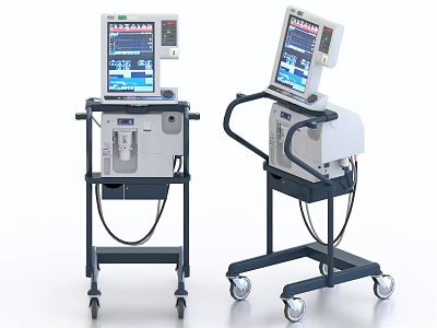 Two Advanced Medical Ventilators With Digital Screens On Wheeled Carts For Hospital Use 3d model