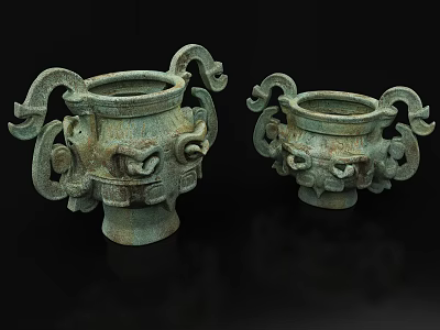 Ancient Chinese Bronze Vessels With Intricate Carvings And Dragon Handles 3d model