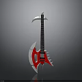 Red And Silver Guitar Axe With Sharp Blades And Decorative Design
