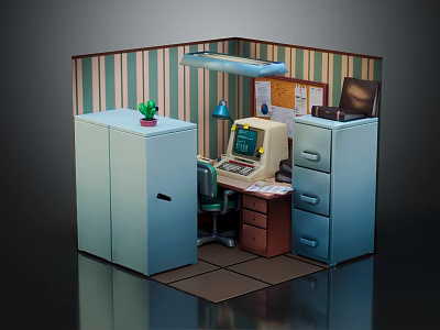 Cartoon Office Cubicle Scene With Vintage Computer Filing Cabinets Desk Lamp And Cactus 3d model