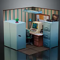 Cartoon Office Cubicle Scene With Vintage Computer Filing Cabinets Desk Lamp And Cactus