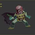 Game Movie Character Silver Armored Helmeted With Black Cape Holding Green Baby In Dynamic Stance