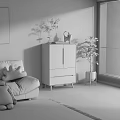 Modern Living Room Corner Side Cabinet With Light Wood White Finish And Potted Plant Decor