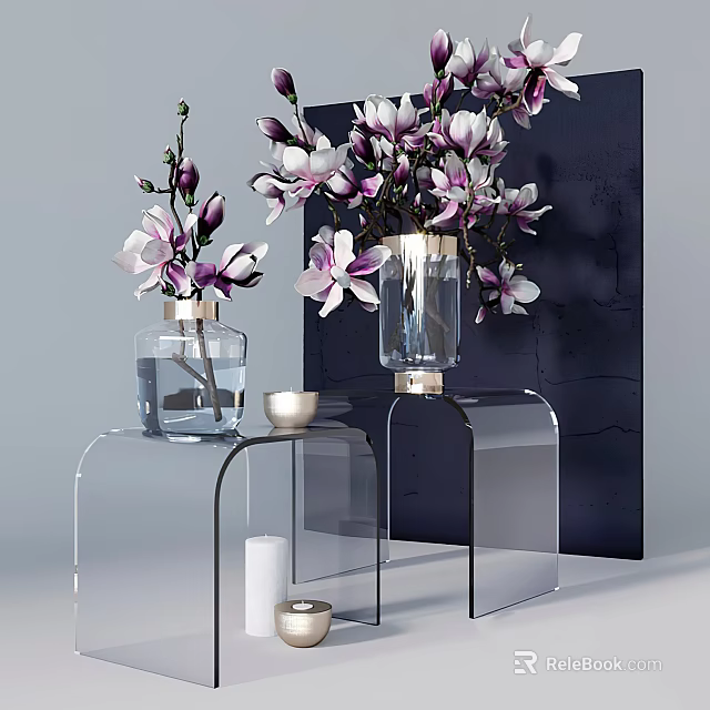 Decorative Transparent Vases With Purple Magnolia Flowers On Acrylic Shelf Against Dark Background 3d model 