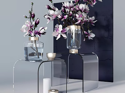 Decorative Transparent Vases With Purple Magnolia Flowers On Acrylic Shelf Against Dark Background 3d model